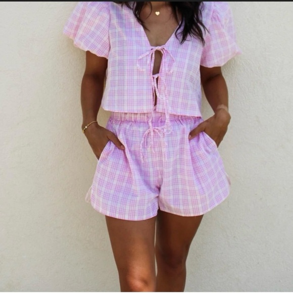 Pants - Pink Plaid Bow Front Two-Piece Shorts Set